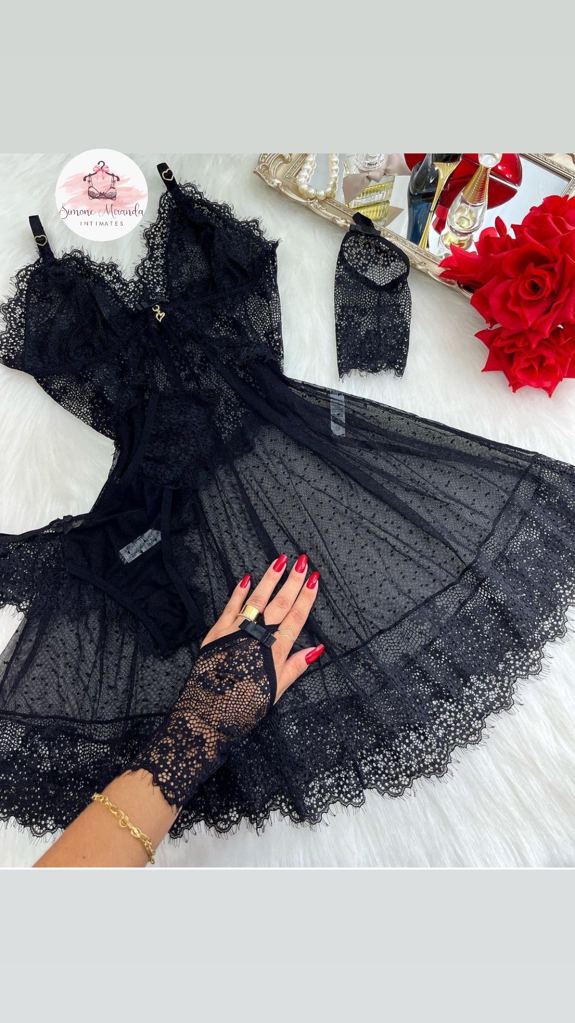 Sexy Black Nigthgown+Gloves